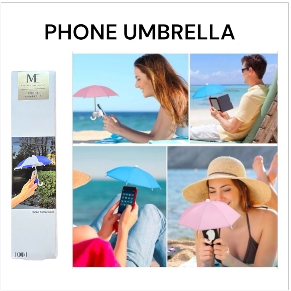 NIB Modern Expressssions Blue & White Phone Umbrella For Rain or Sun